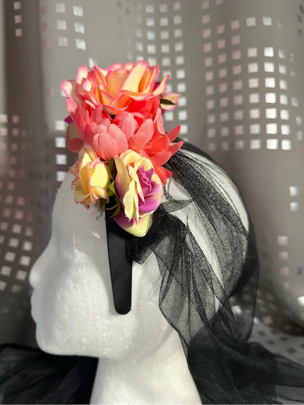 Adult Floral Multicolor Headband with Black Veil